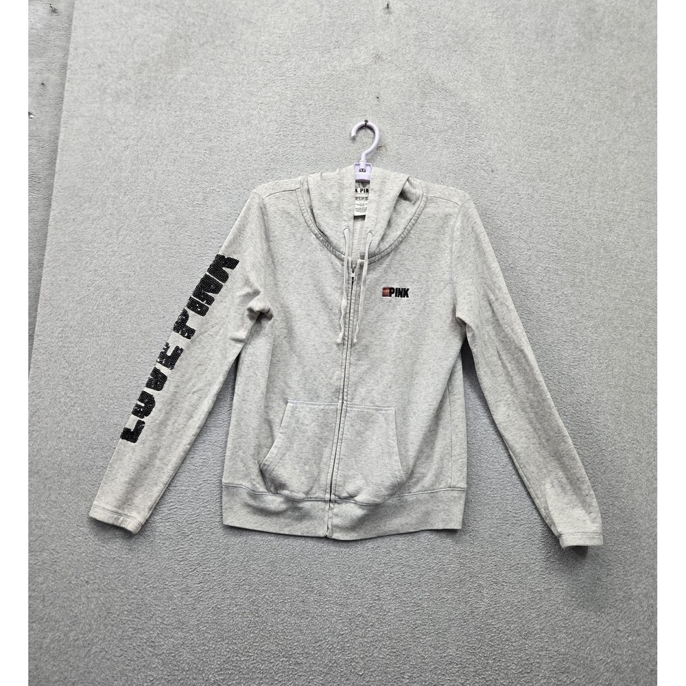 PINK Victoria's Secret Women Hoodie L Gray Sequins Logo Bling Embroidered